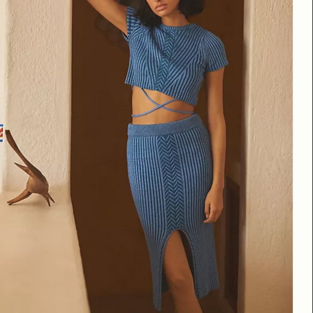 Anthropologie S NWT 2 Piece Blue Knit Midi Skirt Set Sweater Top Skirt - Picture 1 of 6
